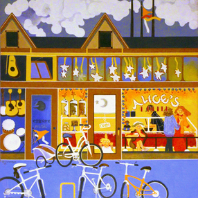 Bicycles and people inside restaurant in winter.